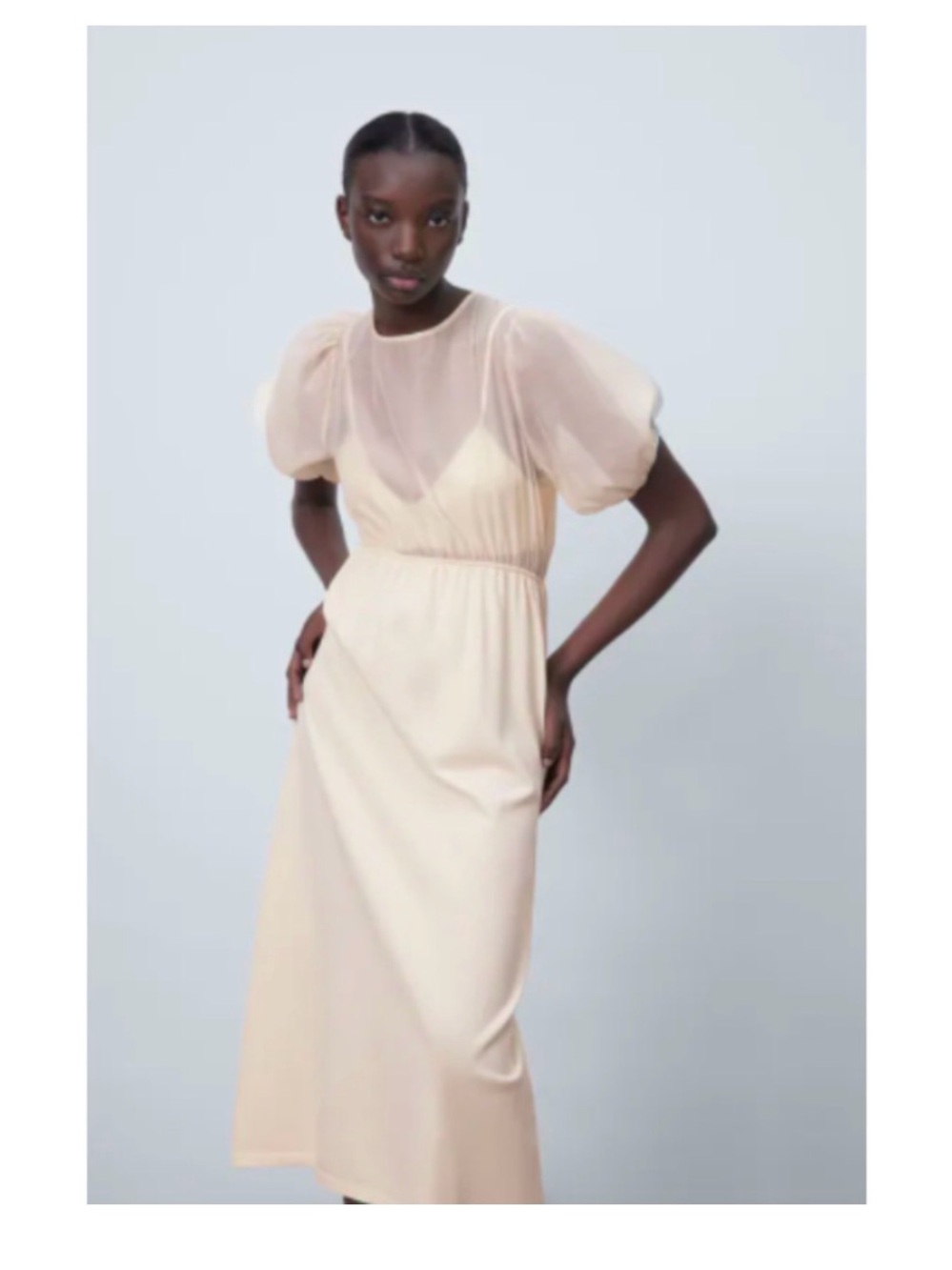 Cream open back puff sleeve midi dress